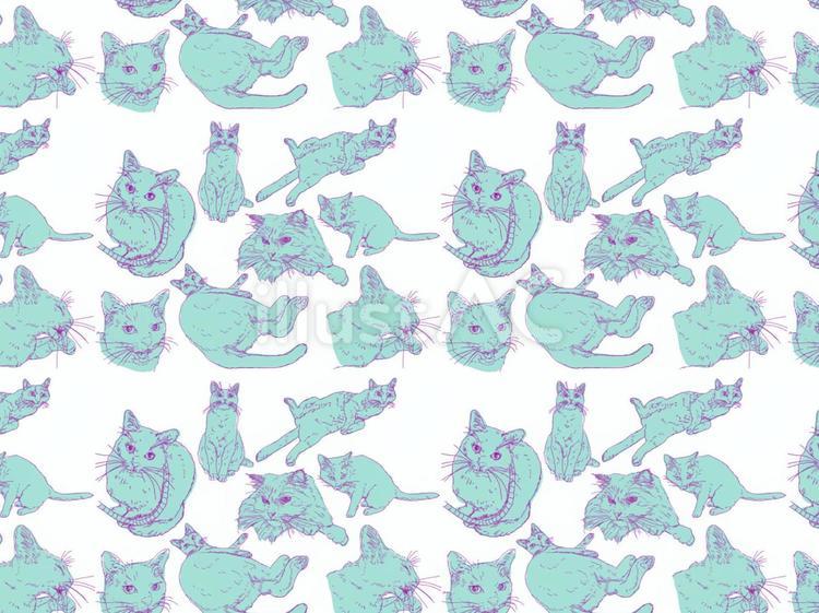 ミントグリーンで塗られた線画ネコたち ネコ,たくさん,ミントグリーンのイラスト素材