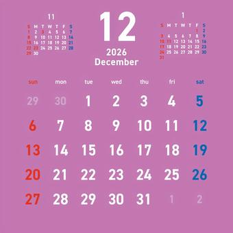 2026カレンダーC3 12月 264 カレンダー,2026年,12月,師走,december,令和8年,日曜始まり,スケジュール,1年,月のイラスト素材