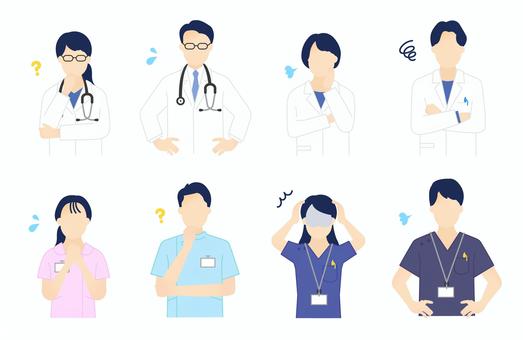 医療従事者のシンプルイラスト素材セット 医師,医者,ドクター,女医,医療従事者,看護師,ナース,白衣,聴診器,病院のイラスト素材