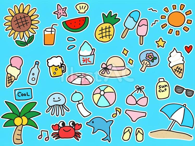 手描きのサマーイラストセット 夏,ひまわり,オレンジジュースのイラスト素材