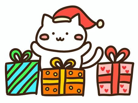 クリスマスプレゼントを届けるサンタねこ クリスマス,プレゼント,サンタクロース,サンタ帽子,ねこ,メリークリスマス,かわいい,おめでとう,ギフト,配るのイラスト素材