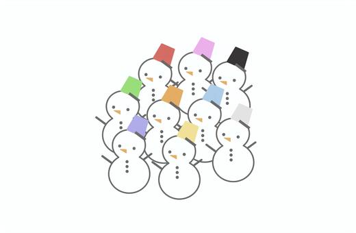 雪だるまの集合 雪だるま,塊,たくさん,可愛い,集合,雪,冬,カラフル,バケツ,ワンポイントのイラスト素材