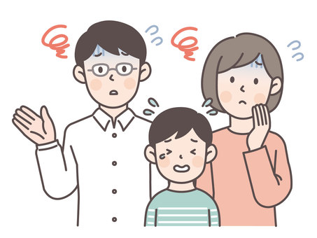 子どもが泣いて青ざめる家族1 家族,親子,夫婦,子供,人物,女性,男性,男の子,女の子,若いのイラスト素材