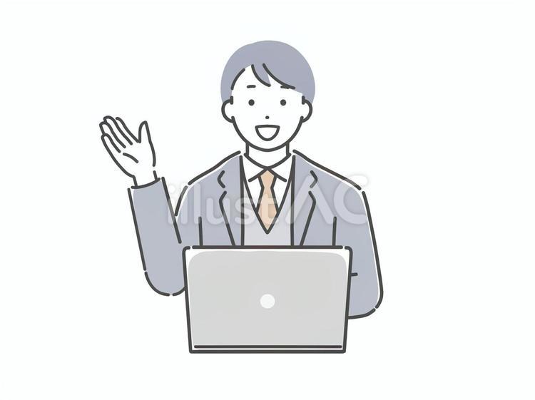 PCを操作しながら説明するスーツの男性 男性,人物,若いのイラスト素材