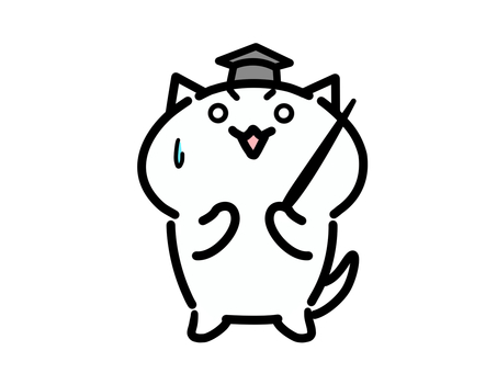 冷や汗をかいて戸惑う賢そうな猫のイラスト 冷や汗,固まる,どうしよう,困惑,猫,ゆるい,手描き,かわいい,動物,指し棒のイラスト素材