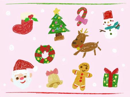 手描きクリスマス素材 サンタクロース,クリスマスツリー,クリスマスリース,スティック,ジンジャーマンクッキー,雪だるま,ベル,靴下,プレゼント,トナカイのイラスト素材