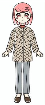 桃色の女の子のキルティングコート ピンク,手描き,冬,コート,キルティングコート,キルティング,冬コート,冬ファッション,冬コーデ,アウターのイラスト素材