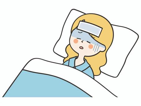 体調不良で寝込む白人女性 女性,外国人,風邪,熱,発熱,病気,寝込む,寝苦しい,うなされる,苦しいのイラスト素材