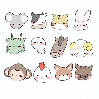 ゆるい十二支イラストセット 十二支,干支,ネズミ,牛,虎,辰,ヘビ,馬,羊,猿のイラスト素材