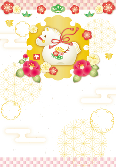 午年干支と椿の年賀状フレーム（縦） 年賀状,お正月,午年,梅,椿,花,和,キラキラ,かわいい,フレームのイラスト素材