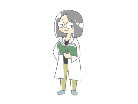 腰に手を当ててニヤリと解説 説明,解説,講義,講座,授業,科学者,教授,先生,女性,眼鏡のイラスト素材