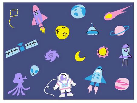宇宙の落書き風イラストセット スペースシャトル,隕石,宇宙,惑星,宇宙飛行士,ロケット,宇宙船,星,天体,地球のイラスト素材
