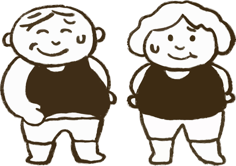 太って困っている中年の男性と女性 ぽっちゃり,中年,おじさん,おばさん,ダイエット,水着,トレーニング着,肌着,女性,男性のイラスト素材