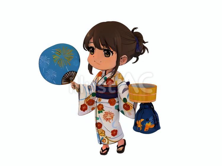 夏温泉旅行湯上り朝顔団扇浴衣旅情散歩女性 あさがお,朝顔,桶のイラスト素材