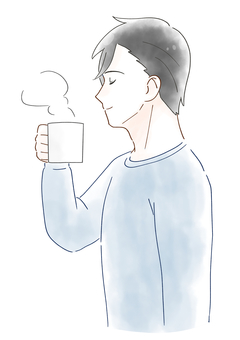コーヒーを飲む男性の水彩風イラスト お茶,ホット,コーヒー,飲む,男性,リラックス,休憩,長袖,冬,部屋着のイラスト素材