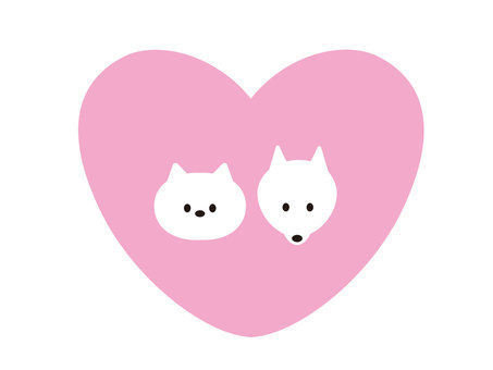 ハートの中にいる猫と犬