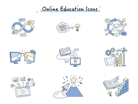 オンライン学習アイコンセット オンライン,学習,教育,アイコン,勉強,受講,成長,目標,達成,知識のイラスト素材
