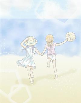 女の子 人物,女の子,キャラクター,夏,海,パステルカラー,一枚絵,かわいい,淡い,萌え系のイラスト素材