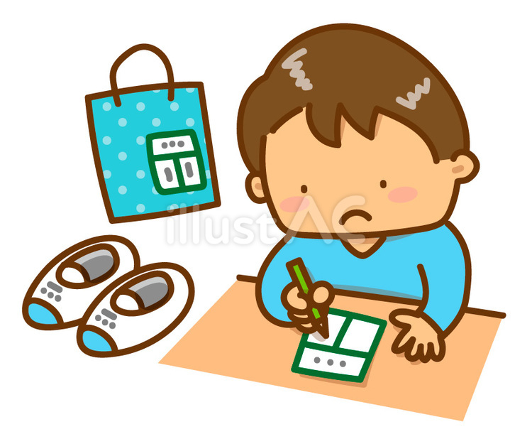 もちものに名前を書く男の子 名前,男の子,小学生のイラスト素材