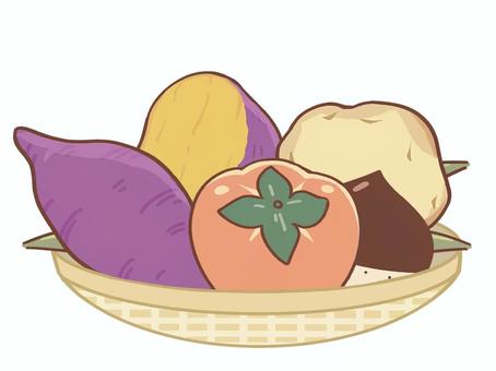 秋・旬もの・野菜・果物 秋・旬もの・野菜・果物 詰め合わせ,さつまいも,ジャガイモ,竹かご,秋,旬,旬もの,食べ物,サツマイモ,柿のイラスト素材