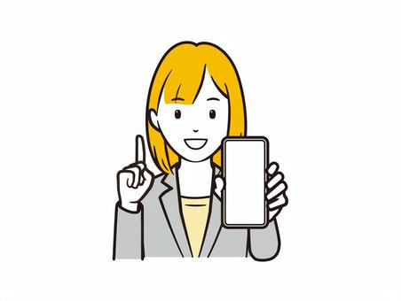 スマホを見せてポイントを示すOL スマホ,スマートフォン,ビジネス,ビジネスマン,ol,携帯電話,ポイント,指差し,人差し指,説明のイラスト素材
