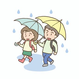 Illustration, umbrella, going to school, primary school students, 