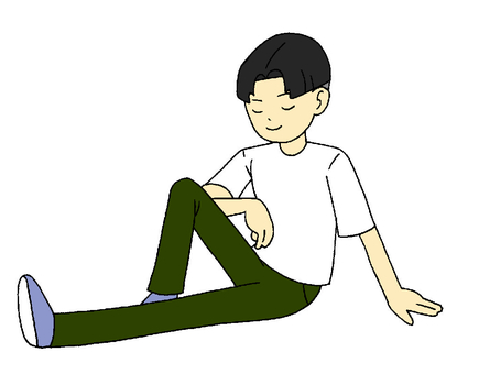 座る男性　イラスト 男性,黒髪,座る,白色,tシャツ,緑色,ズボン,背景,色なしのイラスト素材