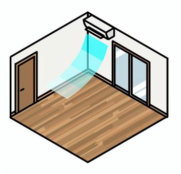 エアコンの効いた部屋 アイソメトリック,室内,リビング,部屋,家,一人暮らし,エアコン,冷房,窓,扉のイラスト素材