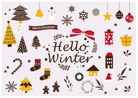 冬イラスト 冬イラスト 冬,クリスマス,サンタ,ツリー,もみの木,リース,プレゼント,雪の結晶,オーナメント,雪だるまのイラスト素材