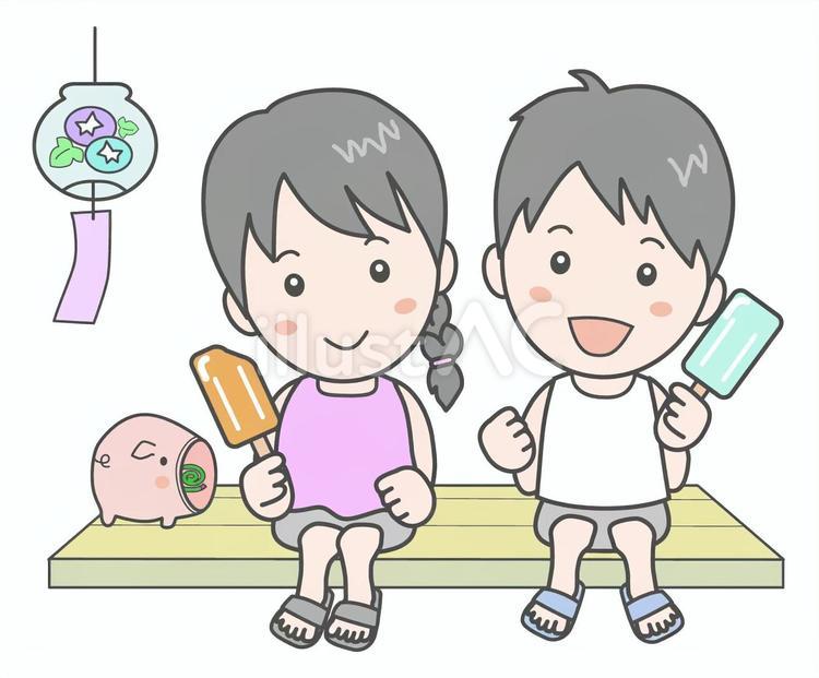 アイスを食べる男の子と女の子＿縁側 水分補給,アイス,縁側のイラスト素材