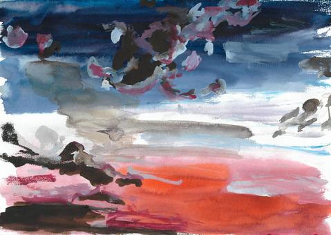 GOOD VIBRATION 水彩画,オレンジ,対比,夜明け,夕暮れ,空,雲,モダン,風景,表現のイラスト素材