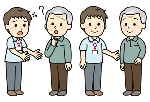 認知症サポート 介護,高齢者,認知症,シニア,焦る,ヘルパー,ケアスタッフ,介護スタッフ,お年寄り,介護士のイラスト素材