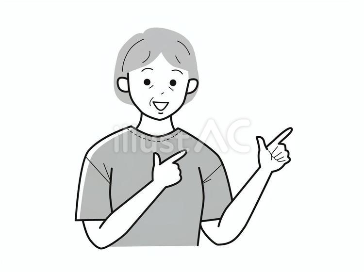 両手で指差しアピールのシニア女性／白黒 シニア,上半身,半袖のイラスト素材