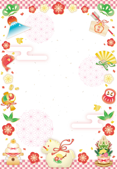 午年おめでたい柄の年賀状フレーム（縦） 年賀状,お正月,午年,梅,花,和,キラキラ,かわいい,フレーム,背景のイラスト素材