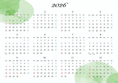 緑の水彩風2026年の年間カレンダー 年間,カレンダー,水彩,おしゃれ,かわいい,2026年,緑のイラスト素材