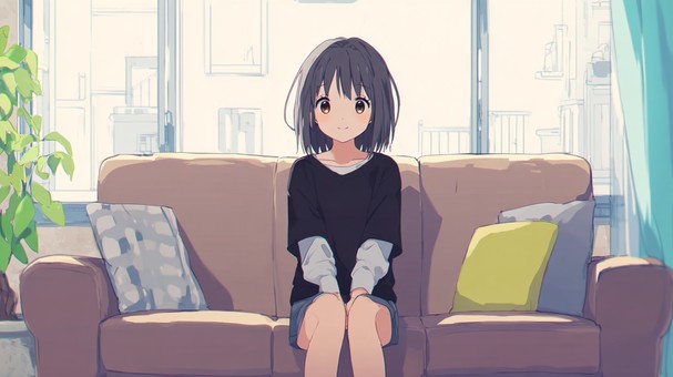 ソファに座る黒髪の女の子