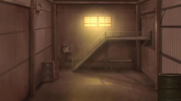 夕方の工場内　背景イラスト 工場,町工場,廃工場,工場内,作業場,製造,現場,作業所,壁紙,絵のイラスト素材