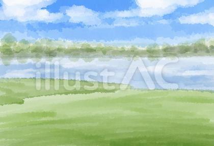水彩風 池のある背景