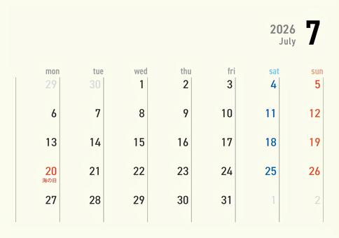 2026年カレンダー7月月曜始まり234 カレンダー,2026年,2026年カレンダー,7月,文月,july,海の日,令和8年,月曜始まり,スケジュールのイラスト素材
