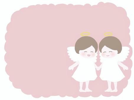 ふたりの天使 天使,双子,2人,笑顔,天使の輪,羽根,ピンク色,フレーム,ワンピース,手をつなぐのイラスト素材