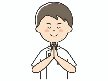 合掌する男性看護師 合掌する男性看護師 願い事,お願い,祈る,祈願,お祈り,参拝,神社参拝,お参り,合掌,いただきますのイラスト素材