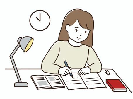 夜遅くまで勉強する女子学生 女子学生,女の子,学生,中学生,高校生,受験生,勉強,学習,受験,受験勉強のイラスト素材