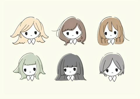 ゆるい女性イラストセット(しょんぼり) 女性,女,女の子,ゆるい,ゆるかわ,かわいい,シンプル,ツーサイドアップ,ボブヘア,ボブのイラスト素材