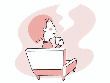リラックスしてコーヒーを飲む　ピンク インドア,リラックス,くつろぐ,人,人物,一人,コーヒー,部屋,インテリア,屋内のイラスト素材