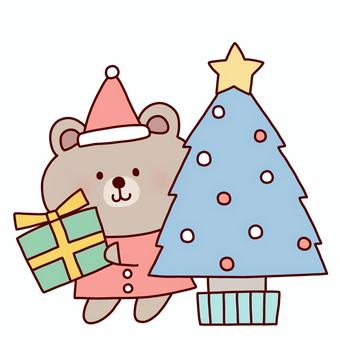 クリスマスツリーとくま クリスマス,ツリー,くま,動物,プレゼント,サンタ,帽子,冬,線画,可愛いのイラスト素材