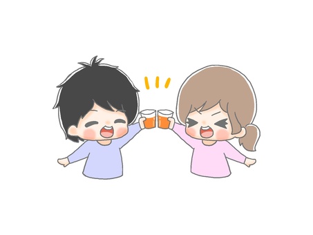 ジュースで乾杯１ 手描き,女の子,男の子,茶髪,黒髪,ツインテール,ジュース,パーティ,お祝い,飲み物のイラスト素材