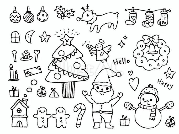 クリスマス手描き線画イラストセット 白背景,楽しい,かわいいのイラスト素材