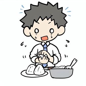 おにぎりを握る焦る男性 男性,おにぎり,握る,焦る,やばい,慌てる,苦手,おむすび,家事,お弁当のイラスト素材