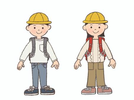 登下校中の子ども（ナチュラルカラー） 小学生,通学,登校,ランドセル,男の子,女の子,子供,学校,通学帽のイラスト素材