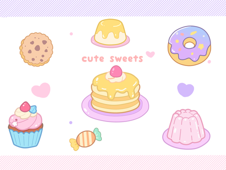 かわいいスイーツセット スイーツ,お菓子,ホットケーキ,パンケーキ,ドーナツ,カップケーキ,ゼリー,プリン,キャンディ,クッキーのイラスト素材